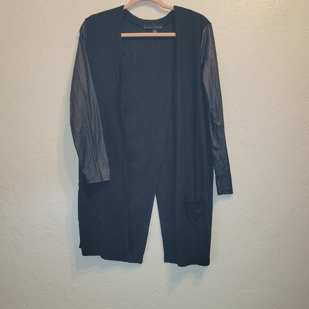 French Laundry Womens S Duster Cardigan Black Open Back Faux Leather Layering
